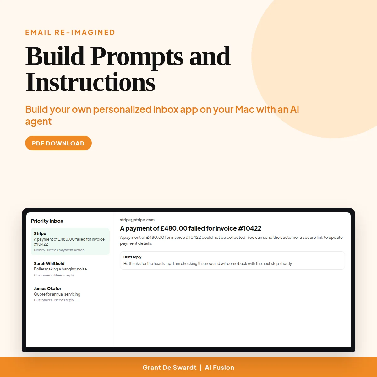 Build Prompts and Instructions product card, a PDF download from Grant De Swardt and AI Fusion.