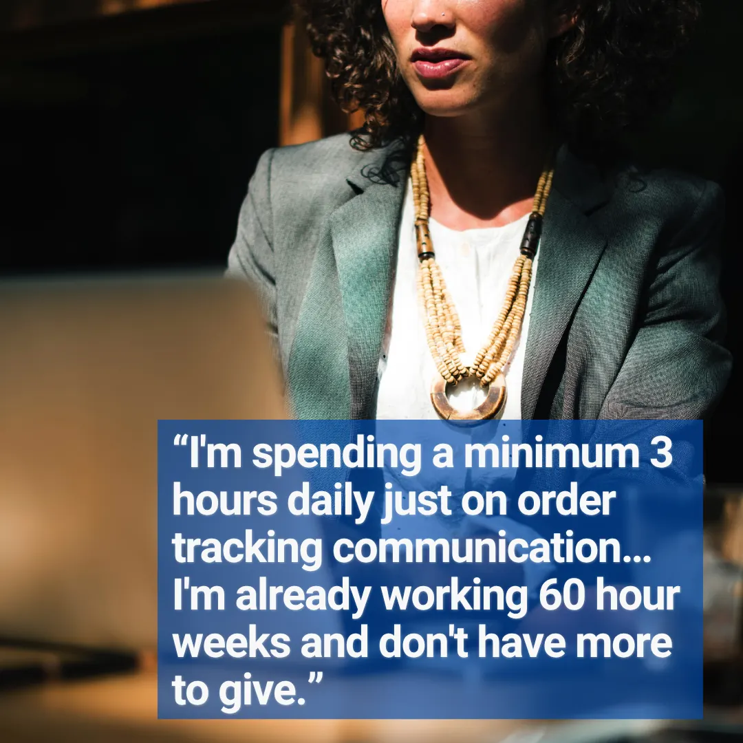 Quote card of a founder at a laptop beside a blue panel about three hours a day on order emails and sixty-hour weeks.