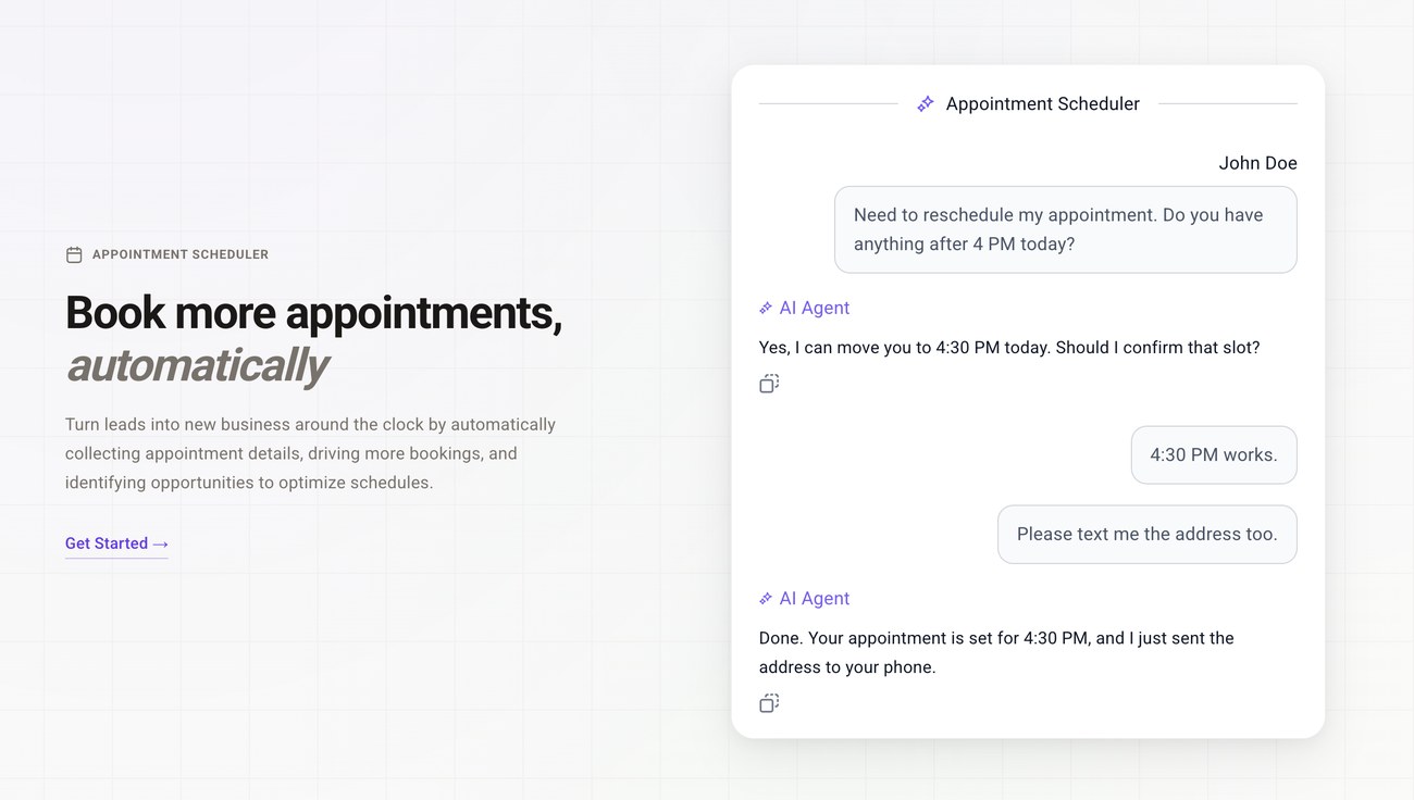 Appointment Scheduler agent rescheduling a customer to 4:30 PM and texting them the address automatically