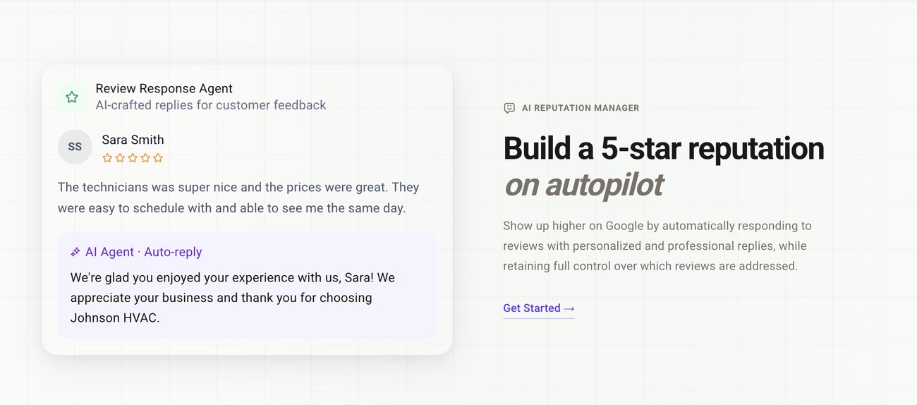 Reputation Agent auto-drafting a warm, on-brand reply to a five-star Google review for Johnson HVAC