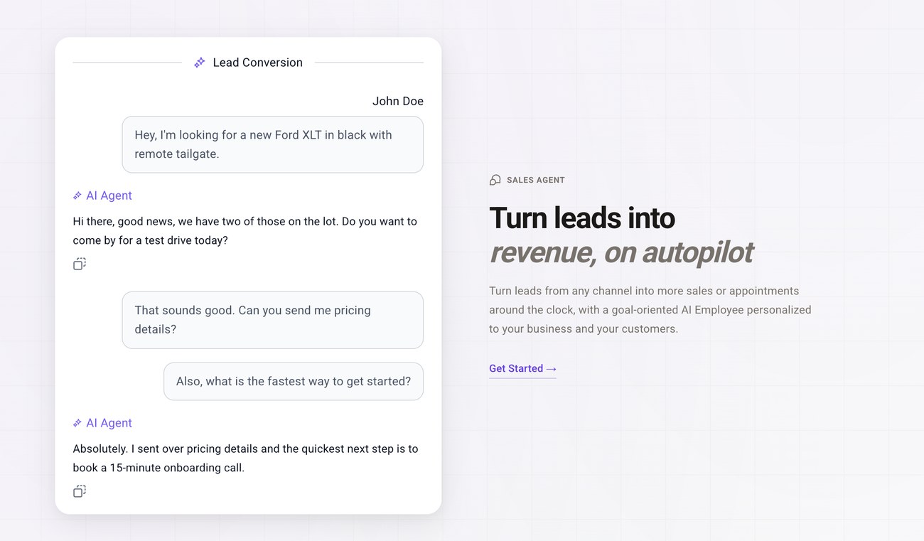 Sales Agent converting a lead in chat — answering a question about a Ford XLT, sending pricing, and booking a 15-minute onboarding call