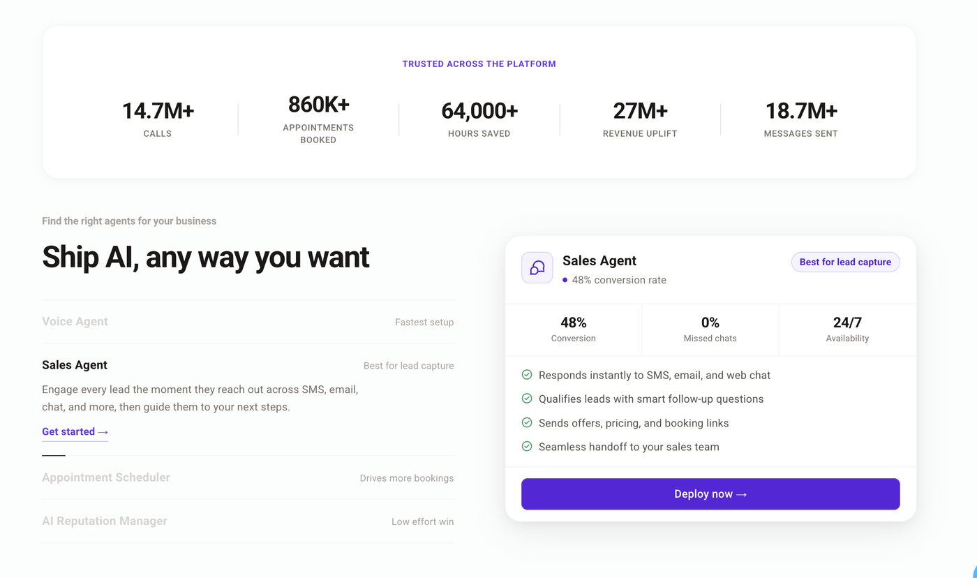 Agent selector showing Voice Agent, Sales Agent, Appointment Scheduler and AI Reputation Manager — each with its own conversion, availability and performance stats