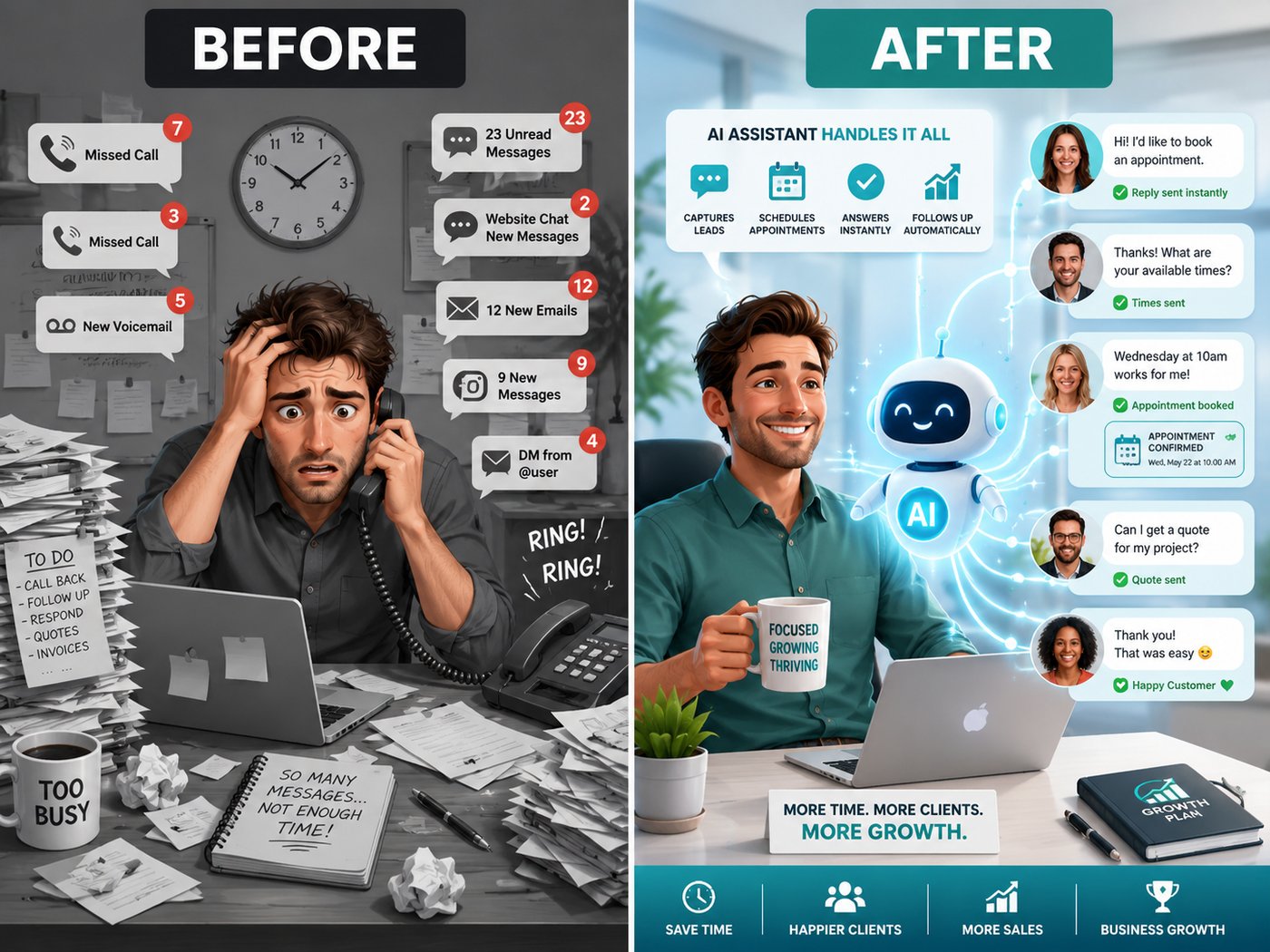 Before: an overwhelmed business owner buried in missed calls, voicemails, unread messages and unanswered chats. After: a calm operator with an AI assistant capturing leads, booking appointments, and following up automatically.