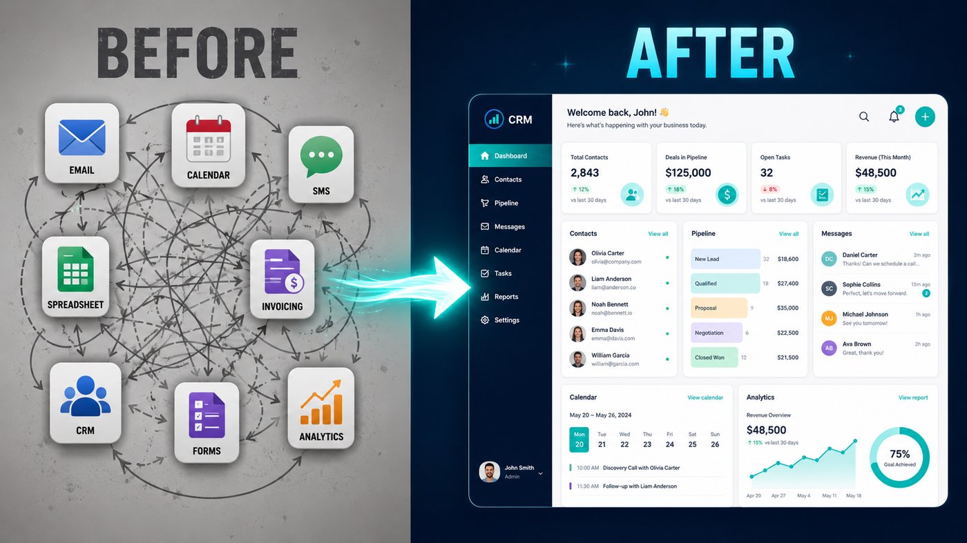 Before: a chaotic tangle of separate tools — email, calendar, SMS, spreadsheets, invoicing, forms, analytics. After: a clean unified CRM dashboard showing contacts, pipeline, messages, calendar and insights in one view.