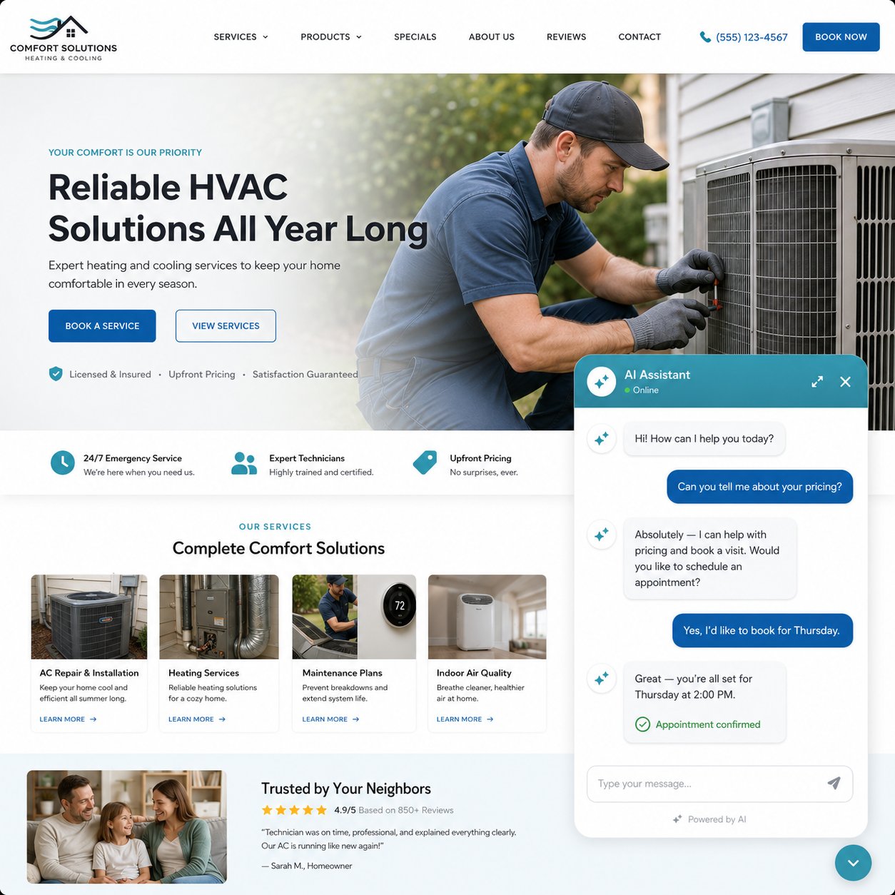 AI chatbot live on a service-business website — qualifying a customer enquiry and booking the appointment in real time